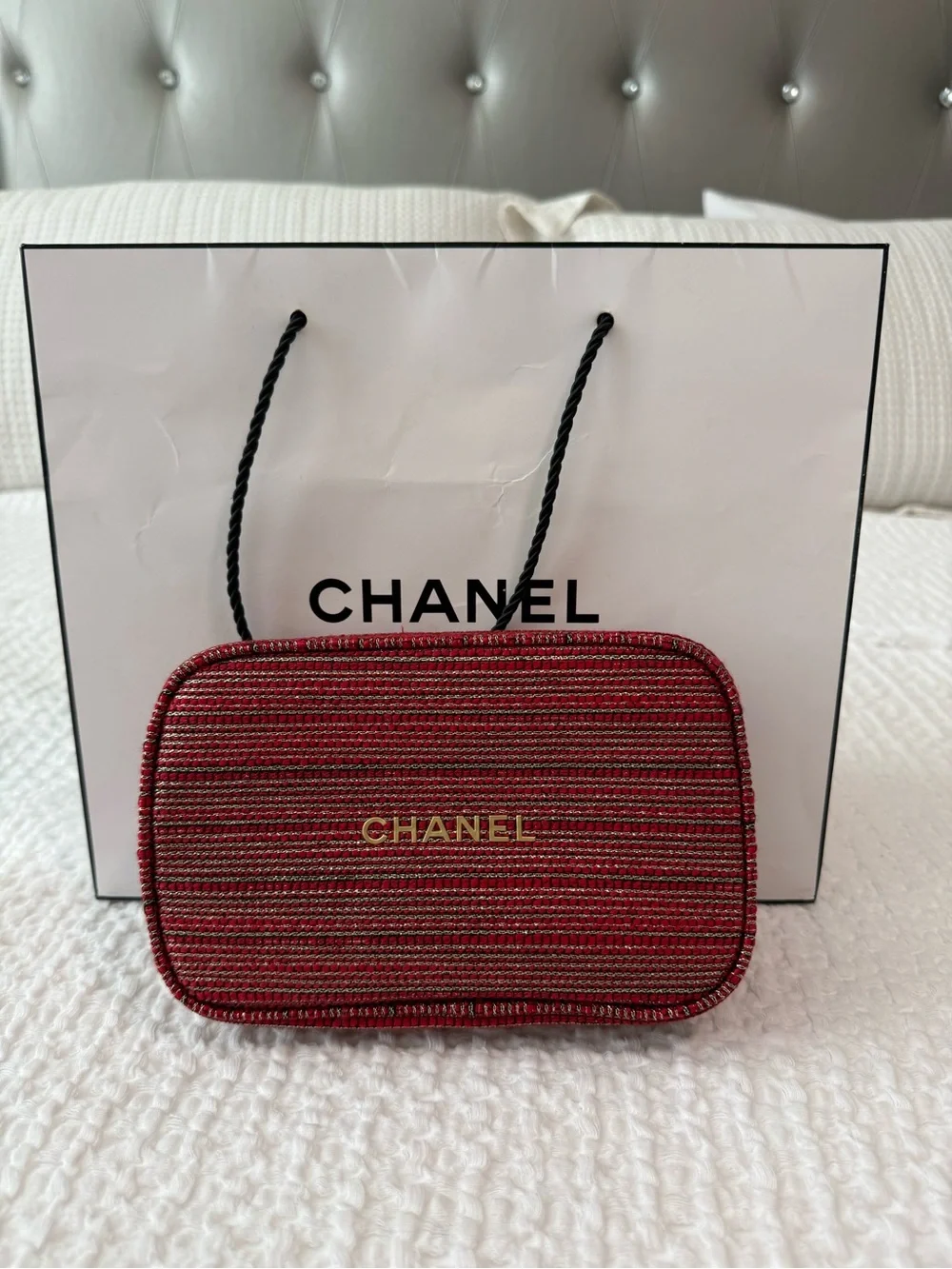 CHANEL Red and Gold Striped Phone Case Pouch